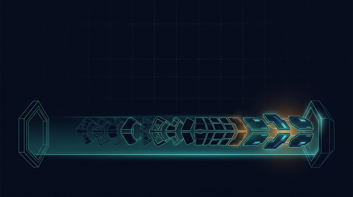 Abstract blocks passing in sequence through a glowing tube from one end to the other, the last few highlighted in amber