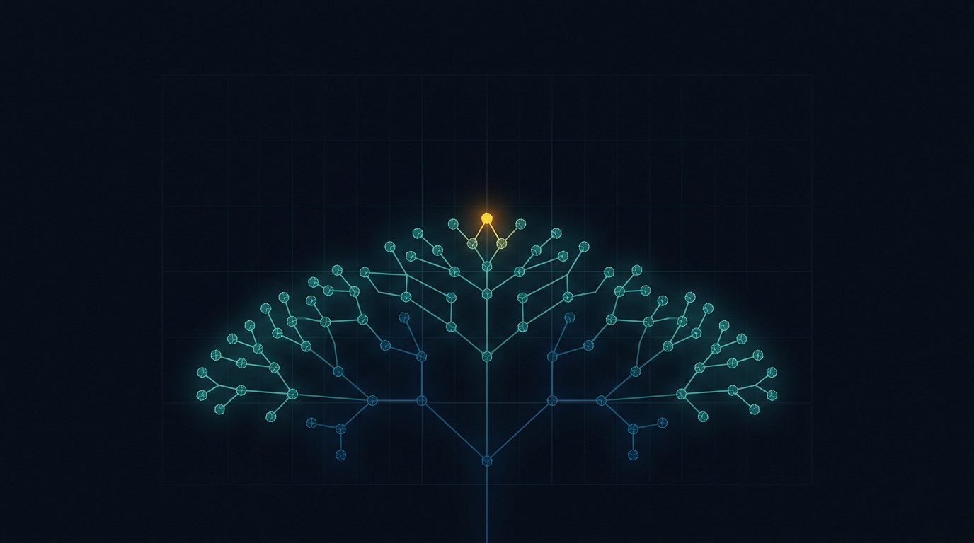 A glowing branching tree of connected task nodes on a dark grid, one node at the top highlighted in amber